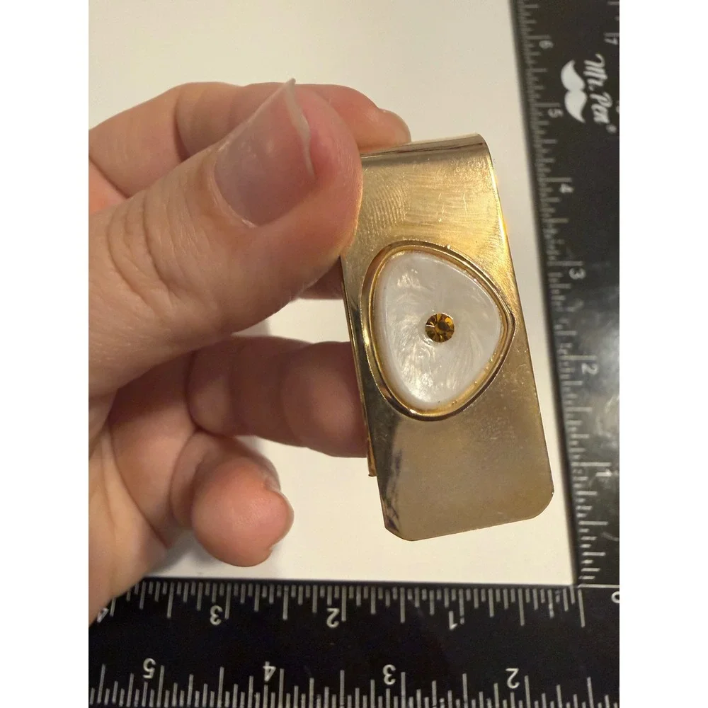 Vintage Gold Tone Money Clip Mother of Pearl Inlay Amber Rhinestone Accessory